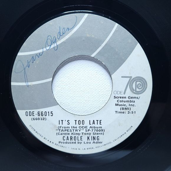Carole King Vinyl 45 It's Too Late / I Feel The Earth Move on Ode EX Rock - Picture 1 of 2